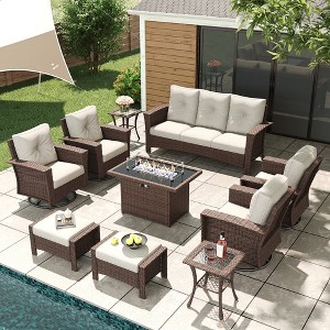 LayinSun Wicker Patio Furniture Set with Fire Pit Table, Classis Outdoor Conversation 360 Degree Swivel Chairs Set with Coffee Table - 1 of 4