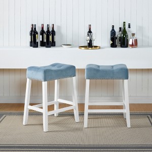 Roundhill Furniture Morovo Set of 2 Velvet Counter Height Stools with Tufted Saddle Seats, White-Wash Finish, Blue - 1 of 4