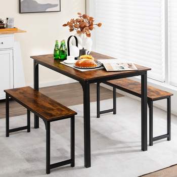 Costway Modern 3 PCS Dining Table Bench Set w/ Metal Frame & Wooden Tabletop