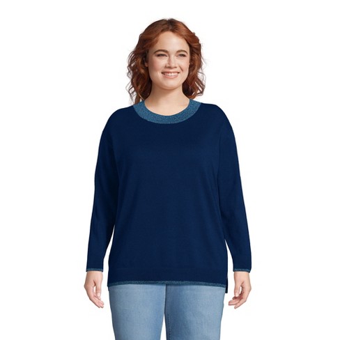 Lands' End Women's Plus Size Fine Gauge Cotton Crewneck Sweater - 2x -  Navy/blue Marl Trims : Target
