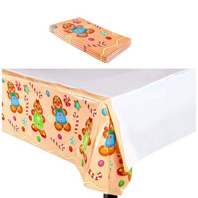 Christmas Plastic Tablecloth - 3-Pack 54x108-Inch Rectangular Disposable Table Cover, Perfect, Festive Gingerbread Design, Beige and White, 4.5x9 Feet