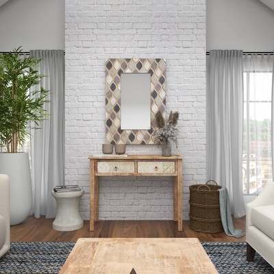 Beige Farmhouse Wood Wall Mirror with Diamond Pattern 28" x 40"