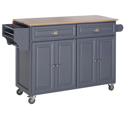 HOMCOM Rolling Kitchen Island on Wheels Ultility Cart with Drop-Leaf and Rubber Wood Countertop Storage Drawer Door Cabinet Grey