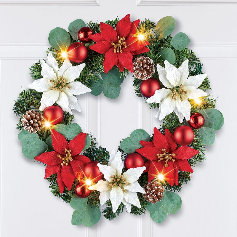 Collections Etc LED Lighted Poinsettia Ornament Wreath 18" x 5" x 18", 2 of 3