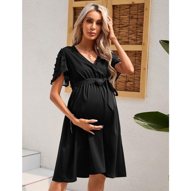 Women Maternity Swiss Dot Short Sleeve V Neck Summer Wrap Midi Dress Casual Nursing Dress Baby Shower Photoshoot Belt, 4 of 8