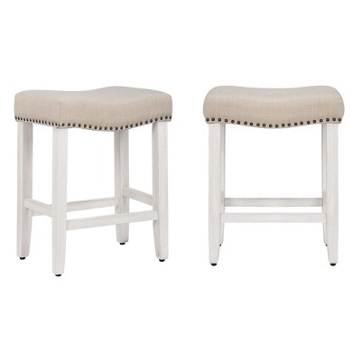 24" Beige Wood Upholstered Saddle Seat Counter Stool Set