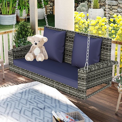 4ft 2 person Wicker Hanging Porch Swing With Chains And Soft Cushion Pillows Outdoor Rattan Swing Bench Blue gray Target