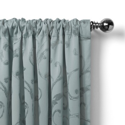 Blue Jacquard Scroll Tassel Trim Rod Pocket Valance