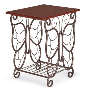 Collections Etc Iron Butterfly and Scrolling Wooden Top Side Table 15.5 X 17.75 X 11.75 Brown - 1 of 3