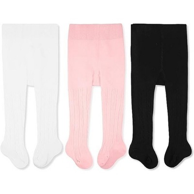 Image of Cozyway Cable Knit Cotton Leggings/Tights for Baby Girls, 3 Pack, White/Pink/Black, 0-3 Months Old