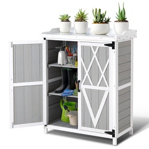 Outdoor Wooden Storage Cabinet with Metal Tabletop, Garden Potting Bench Table with Adjustable Shelf, Weather-Resistant Patio Cabinet for Garden - 1 of 4