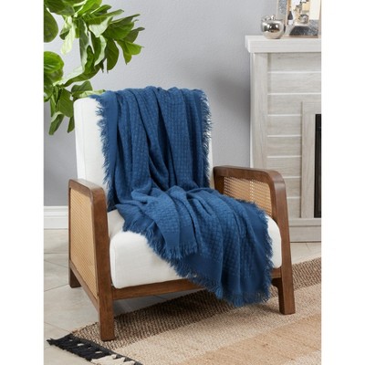 Navy Blue Cotton Waffle Weave Throw Blanket with Fringe