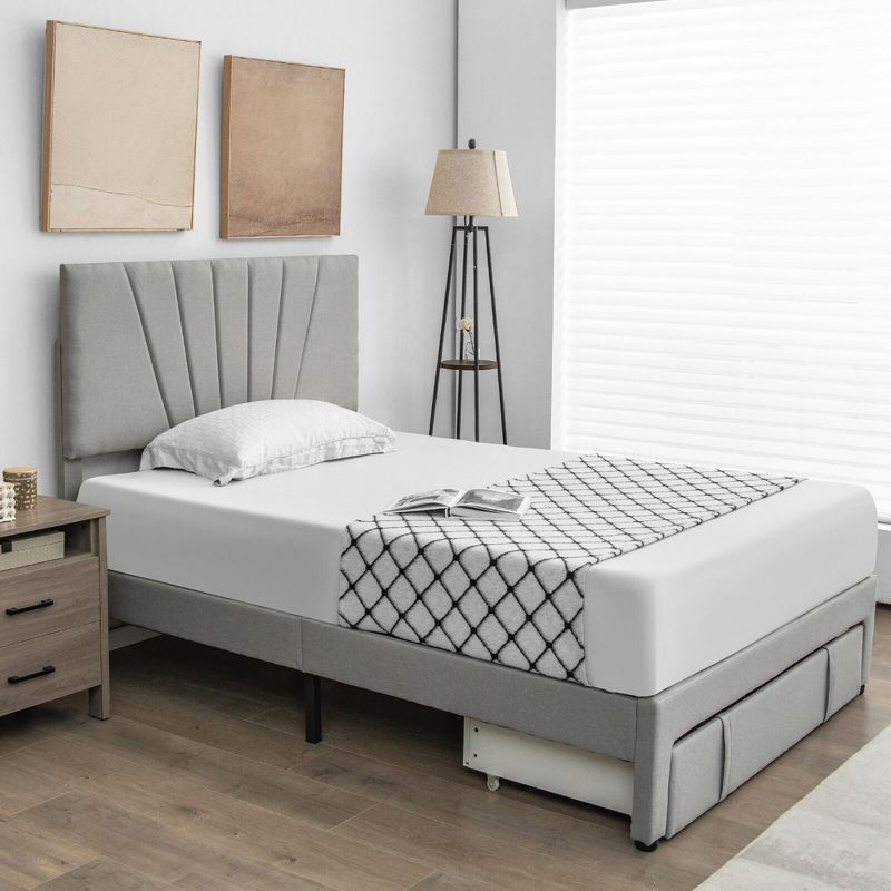Tangkula Full/Queen Upholstered Bed Frame Platform Bed with Drawer & Adjustable Headboard Grey, 4 of 11