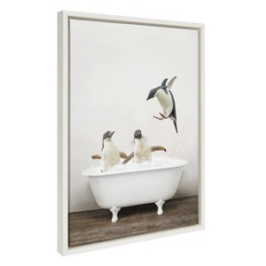 Kate and Laurel Sylvie Penguins Playing in Rustic Bath Framed Canvas by Amy Peterson Art Studio, 18x24, White - 1 of 4