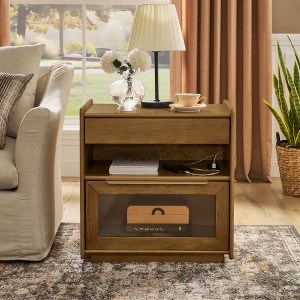 Lyngins Mid-Century Modern Nightstand with 2 Drawers & Open Shelf – USB Ports, Glass Drawer Design, Farmhouse End Table, Side Table with Storage - 1 of 4