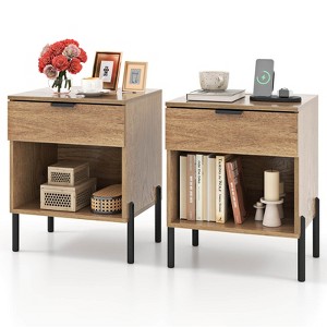 Costway Nightstand with Charging Station Drawer Compartment Modern Side End Table - 1 of 4