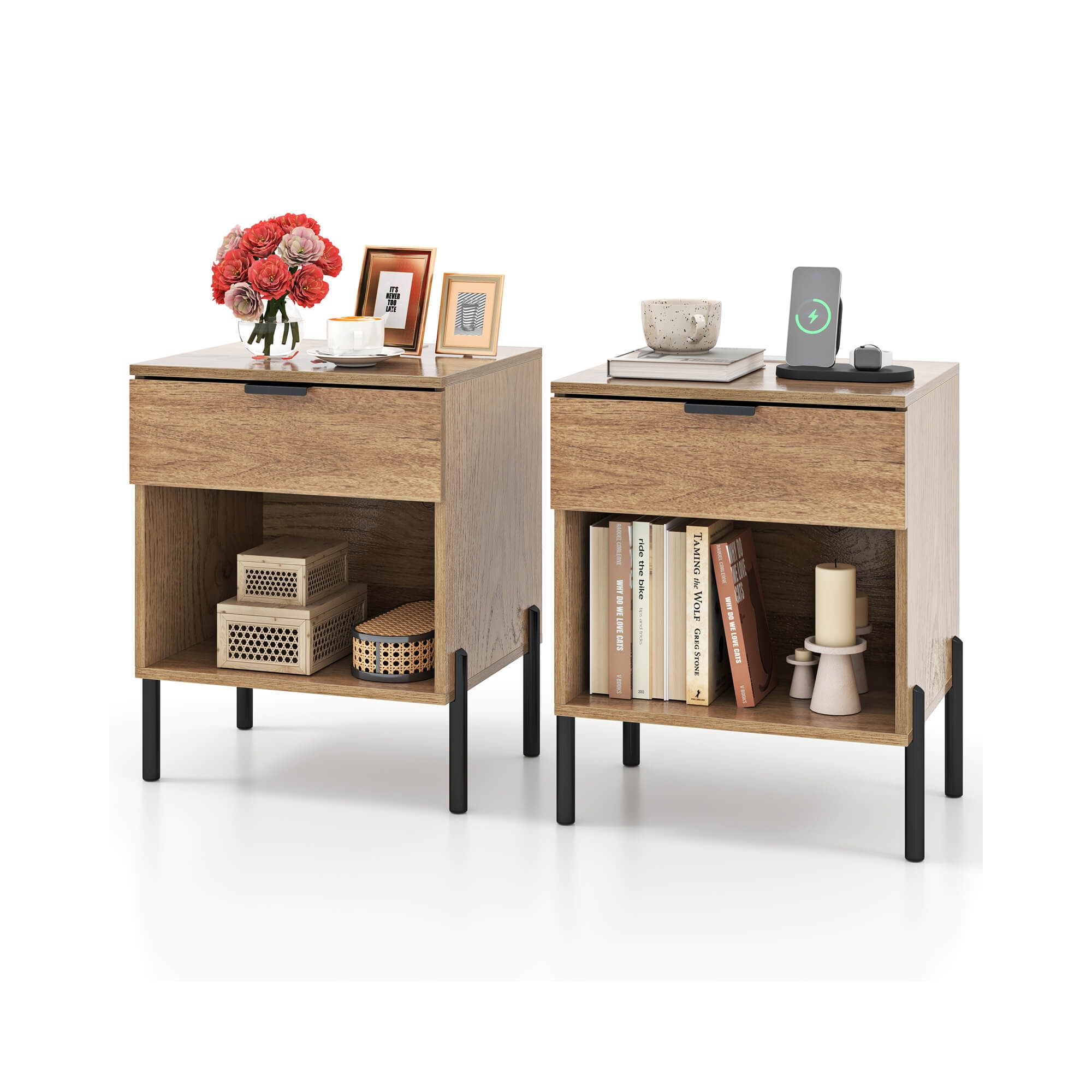 Costway 2PCS Nightstand with Charging Station Drawer Compartment Modern Side End Table