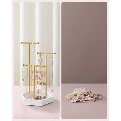 Gold and White Metal Jewelry Display Stand with Hexagonal Base