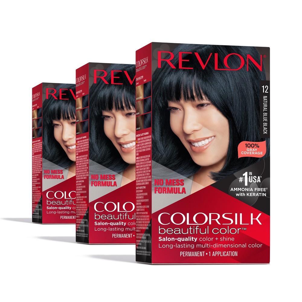 Photos - Hair Dye Revlon ColorSilk Beautiful Color 100 Gray Coverage Ammonia-Free Permanent Hair Color - 12 Natural Blue Black - 13.2 fl oz/3c 
