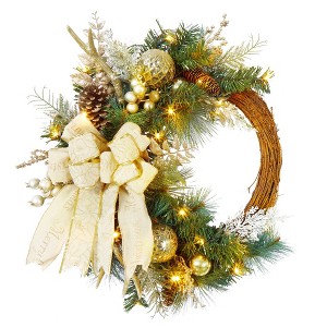 24" Christmas Wreath for Front Door, Prelit Christmas Wreath with Lights, Red Gold Ball Ornaments, Pine Cones &Bow for Fireplace Home Holiday Decor - 1 of 4