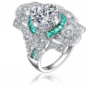 Guili Prestige White Gold-Plated Sterling Silver Ring, Clear Cubic Zirconia, Cocktail Style, Elegant Statement, Green/Blue, Sizes 6-8. - 1 of 3