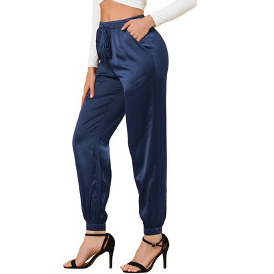 INSPIRE CHIC Women's Drawstring Elastic Waist Ankle Length Satin Joggers Pants with Pocket