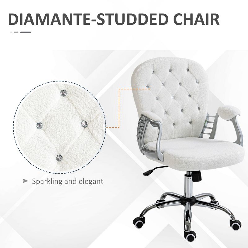 Vinsetto Vanity Teddy Fleece Mid Back Office Chair Swivel Tufted Backrest Task Chair with Padded Armrests, Adjustable Height, Rolling Wheels, White, 5 of 7