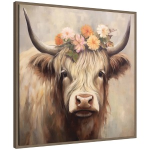 Kate & Laurel All Things Decor 30"x30" Sylvie Adorable Floral Boho Highland Cow Framed Canvas by The Creative Bunch Studio Gold - 1 of 4