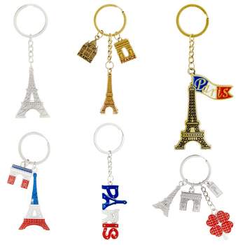 Juvale 6 Pack Paris Keychain, France Souvenir Gift, Eiffel Tower, French Flag, and Arc de Triomphe Metal Key Rings