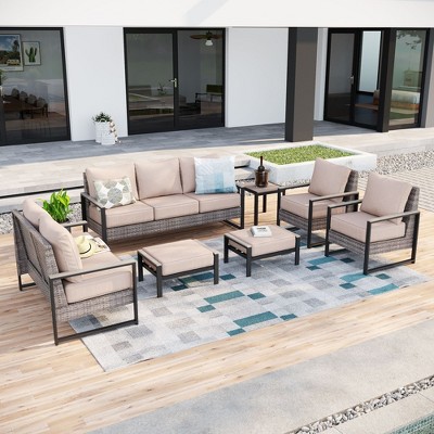 Sonkuki Outdoor Furniture Set Patio Conversation Sofa with Coffee Table Set, All-Weather PE Rattan Couch with Cushion