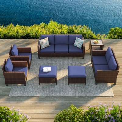 Sonkuki 7 Pieces PE Rattan Furniture Set with Side Table, Patio Chair with Cushion, Ottomans for Lawn, Light Gray