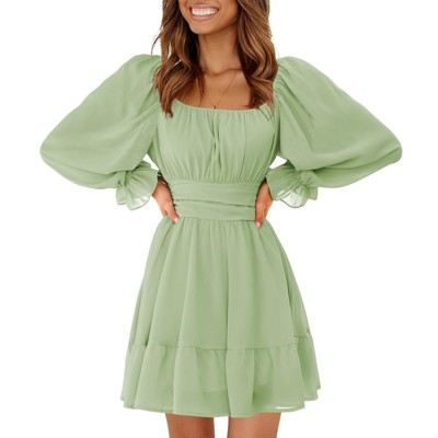 EXLURA Women's 2025 Casual Long Lantern Sleeve Dresses Square Neck Ruffle Tie Back Elastic Waist Aline Short Mini Dress