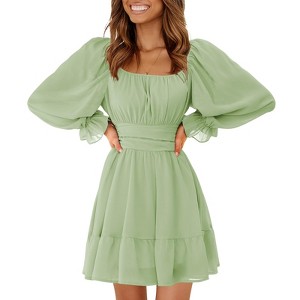 EXLURA Women's 2025 Casual Long Lantern Sleeve Dresses Square Neck Ruffle Tie Back Elastic Waist Aline Short Mini Dress - 1 of 4