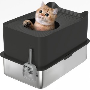 PawHut Stainless Steel Litter Box, High Sided Enclosed Cat Litter Box with Scoop, Top Entrance, Non-slip Pads, Anti-Leakage, Non-Sticky, Black - 1 of 4