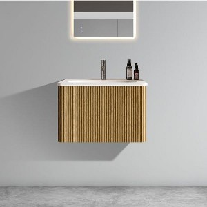 Lyngins Floating Bathroom Vanity with Sink – U-Shape Wall Fitting, Striped Texture Bathroom Storage Cabinet with Push-Open Drawer & Curved Edges - 1 of 4