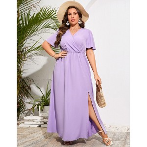 Women's Plus Size V-Neck Swing Dress – Elegant Crossover Hem & Side Slit Detail for Casual & Dressy Occasions - 1 of 4