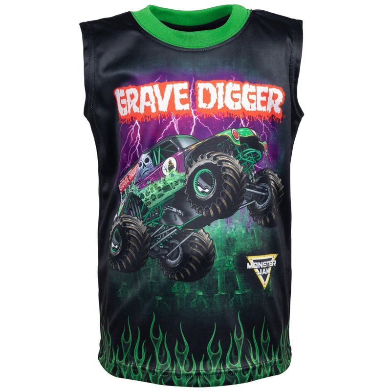 Monster Jam Grave Digger Monster Mutt Earth Shaker T-Shirt Tank Top and Mesh Shorts 3 Piece Outfit Set Toddler to Big Kid, 5 of 10