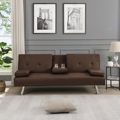 Kumasinova 66 Inch PVC Sofa Bed,Convertible Futon Sofa Bed with Cup Holders,Stainless Leg,Armrest,Couch Bed for Living Room,Office,Bedroom