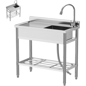 Commercial Stainless Steel Utility Sink, Freestanding Single Basin with Workbench Shelf, Includes 304 Stainless Faucet for Hot/Cold Water - 1 of 4