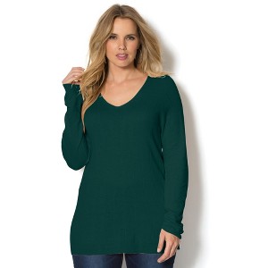 Roaman's Fine Gauge Drop Needle V Neck Sweater - 1 of 4