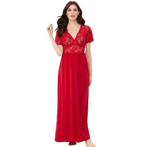 Amoureuse Women's Plus Size Long Lace Top Stretch Knit Gown - 1 of 4