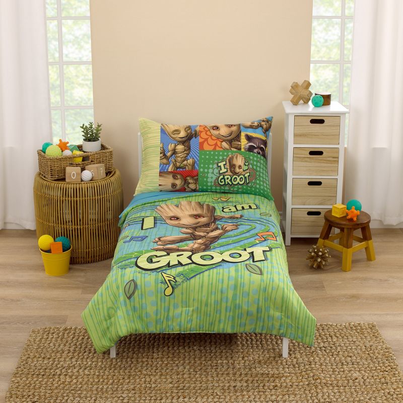 Marvel Guardians of the Galaxy I Am Groot Green and Blue 4 Piece Toddler Bed Set, 1 of 7