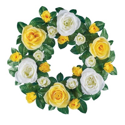 Collections Etc Artificial Yellow and White Roses Hanging Wreath