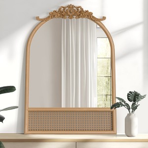 Dovelina Arched Solid Wood Top Carved Bottom Rattan Decorative Wall Mirror Large Mirror - 1 of 4