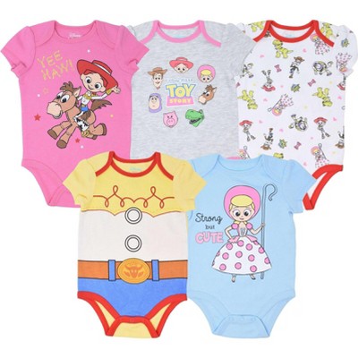 Image of Disney Pixar Toy Story Jessie Bo Peep Infant Baby Girls 5 Pack Short Sleeve Bodysuits Toy Story 12 Months