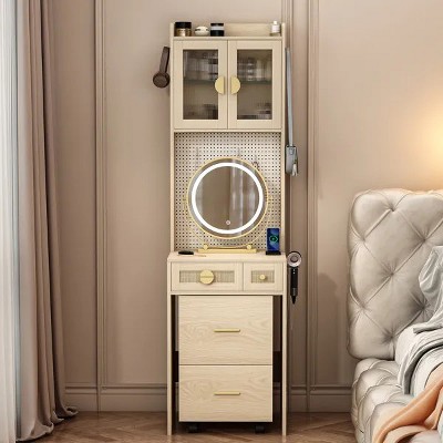 Small Vanity Desk with Mirror and LED Lights, Makeup Table with Charging Station and drawers and Storage Shelves for Small Space