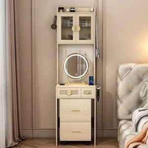 Small Vanity Desk with Mirror and LED Lights, Makeup Table with Charging Station and drawers and Storage Shelves for Small Space - 1 of 4