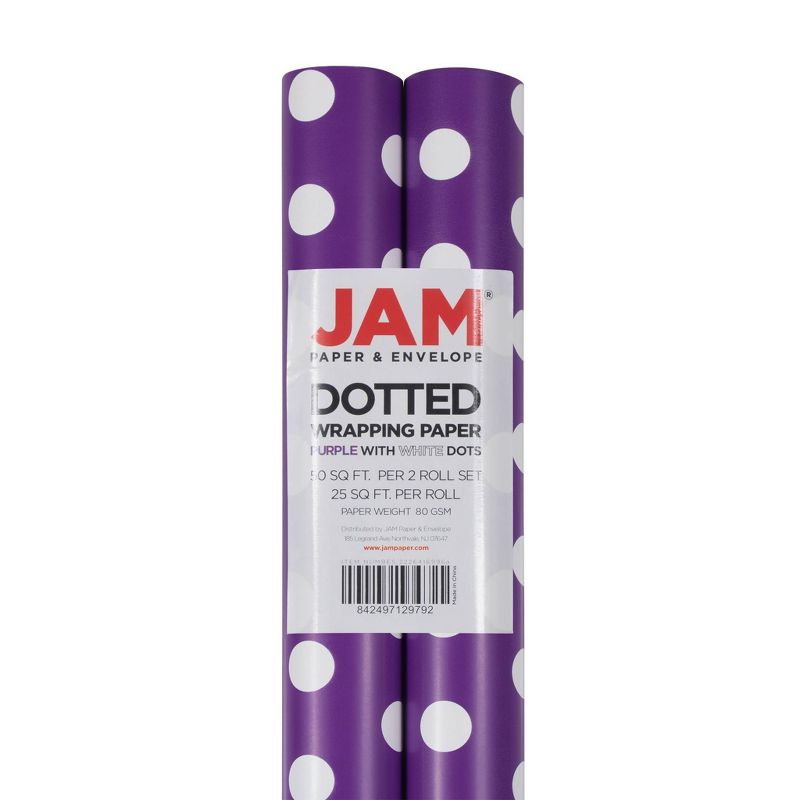 JAM Paper &#38; Envelope 2ct Polka Dots Gift Wrap Purple/White, 1 of 7