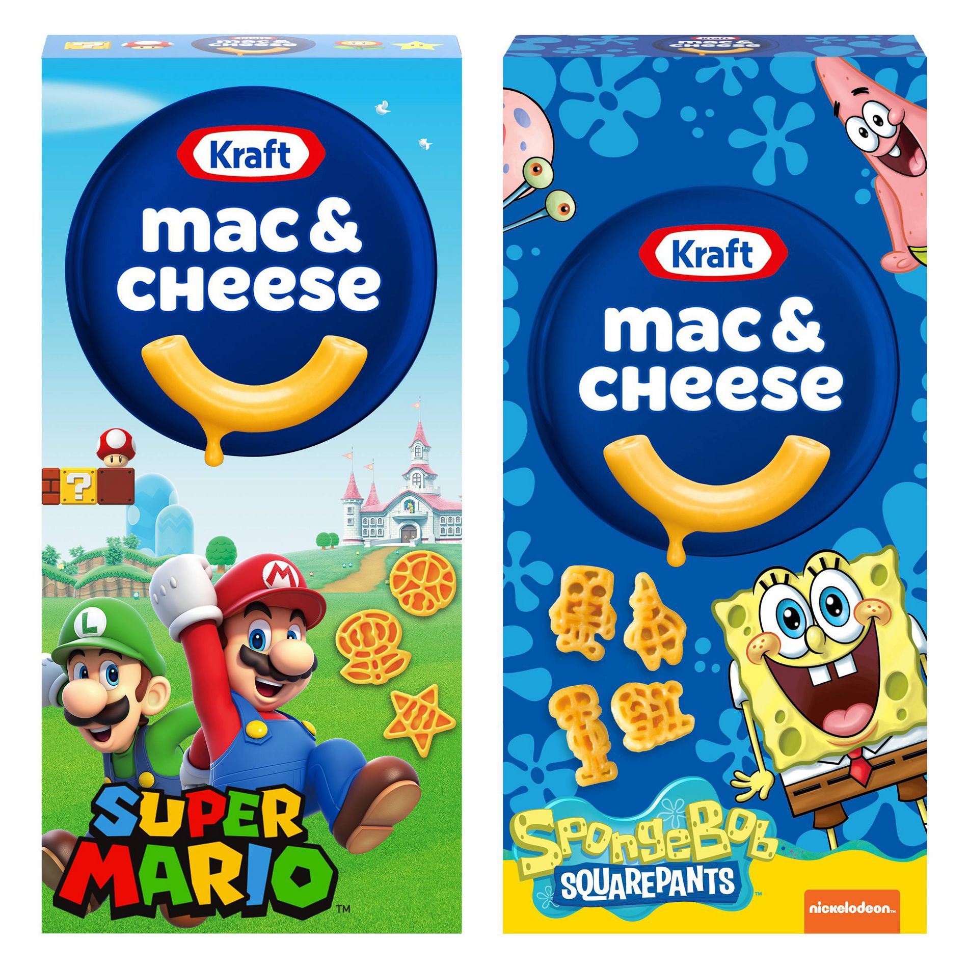 Kraft Mac and Cheese 5.5oz Super Mario Brothers Shaped + 5.5oz Spongebob Shaped