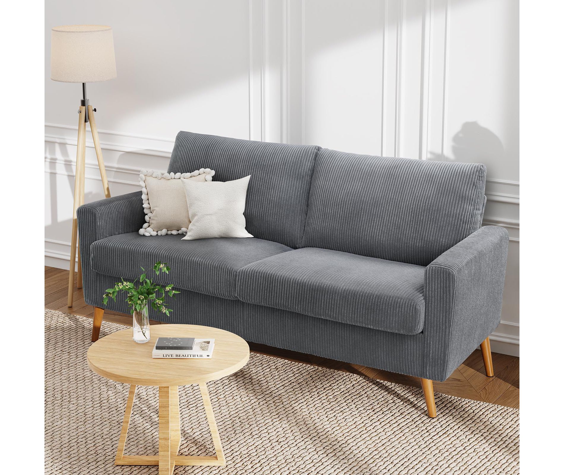 Vipbear Mid Century Loveseat Couches for Living Room 68" Loveseat Sofa Gray Corduroy for Living Room,Comfy Couch with Spring Cushion,Solid Wood